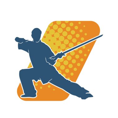 Kung fu 'nun silueti ya da Wushu dövüş sanatları sporcusu pozu. Kılıçlı bir erkek dövüş sanatının silueti..