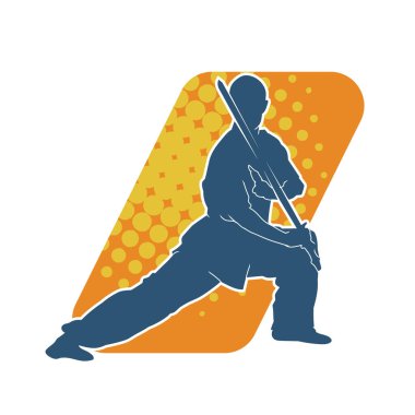 Kung fu 'nun silueti ya da Wushu dövüş sanatları sporcusu pozu. Kılıçlı bir erkek dövüş sanatının silueti..