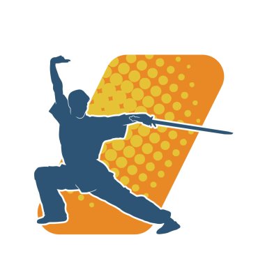 Kung fu 'nun silueti ya da Wushu dövüş sanatları sporcusu pozu. Kılıçlı bir erkek dövüş sanatının silueti..