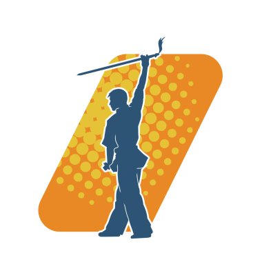 Kung fu 'nun silueti ya da Wushu dövüş sanatları sporcusu pozu. Kılıçlı bir erkek dövüş sanatının silueti..