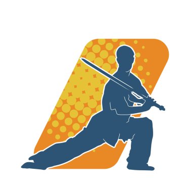 Kung fu 'nun silueti ya da Wushu dövüş sanatları sporcusu pozu. Kılıçlı bir erkek dövüş sanatının silueti..