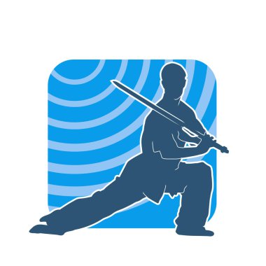 Dövüş sanatlarında kılıç kullanan bir erkeğin silueti. Dövüş sanatları kılıç hareketleri yapan bir adamın silueti..