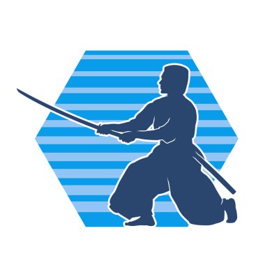 Harekete geçmiş bir kılıç savaşçısı silueti. Kılıç taşıyan bir dövüş sanatçısı silueti. Kendo dövüş sanatının silueti..