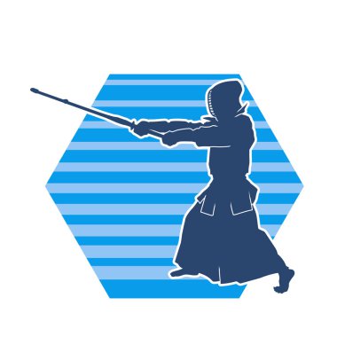 Harekete geçmiş bir kılıç savaşçısı silueti. Kılıç taşıyan bir dövüş sanatçısı silueti. Kendo dövüş sanatının silueti..