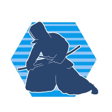 Harekete geçmiş bir kılıç savaşçısı silueti. Kılıç taşıyan bir dövüş sanatçısı silueti. Kendo dövüş sanatının silueti..