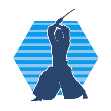 Harekete geçmiş bir kılıç savaşçısı silueti. Kılıç taşıyan bir dövüş sanatçısı silueti. Kendo dövüş sanatının silueti..