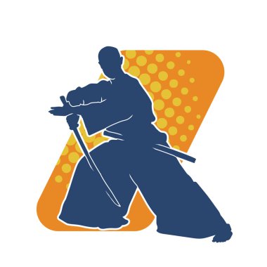 Harekete geçmiş bir kılıç savaşçısı silueti. Kılıç taşıyan bir dövüş sanatçısı silueti. Kendo dövüş sanatının silueti..
