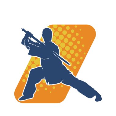 Dövüş sanatlarında kılıç kullanan bir erkeğin silueti. Dövüş sanatları kılıç hareketleri yapan bir adamın silueti..