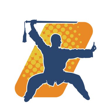 Dövüş sanatlarında kılıç kullanan bir erkeğin silueti. Dövüş sanatları kılıç hareketleri yapan bir adamın silueti..