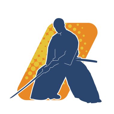 Harekete geçmiş bir kılıç savaşçısı silueti. Kılıç taşıyan bir dövüş sanatçısı silueti. Kendo dövüş sanatının silueti..