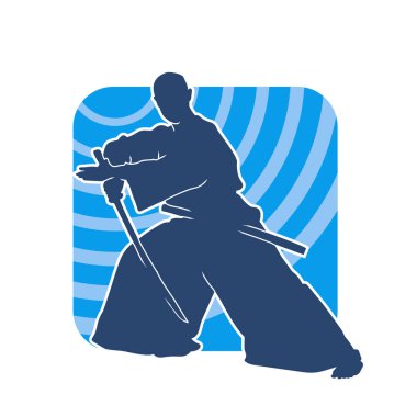 Harekete geçmiş bir kılıç savaşçısı silueti. Kılıç taşıyan bir dövüş sanatçısı silueti. Kendo dövüş sanatının silueti..