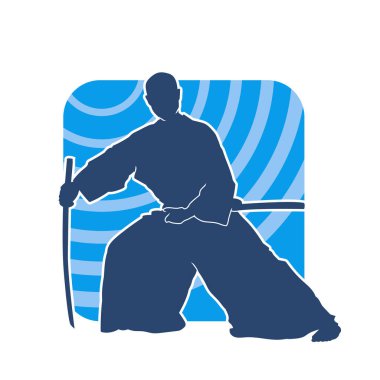 Harekete geçmiş bir kılıç savaşçısı silueti. Kılıç taşıyan bir dövüş sanatçısı silueti. Kendo dövüş sanatının silueti..