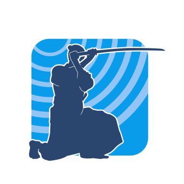 Harekete geçmiş bir kılıç savaşçısı silueti. Kılıç taşıyan bir dövüş sanatçısı silueti. Kendo dövüş sanatının silueti..