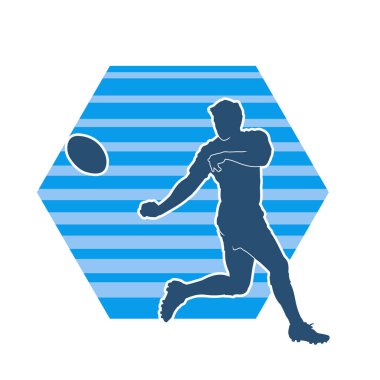 Rugby sporcusunun silueti iş başında. Rugby oynayan sporcu bir adamın silueti..