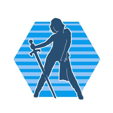 Bir kadın dövüşçünün silueti kılıç taşırken poz veriyor..