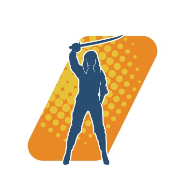 Bir kadın dövüşçünün silueti kılıç taşırken poz veriyor..