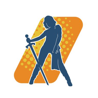 Bir kadın dövüşçünün silueti kılıç taşırken poz veriyor..