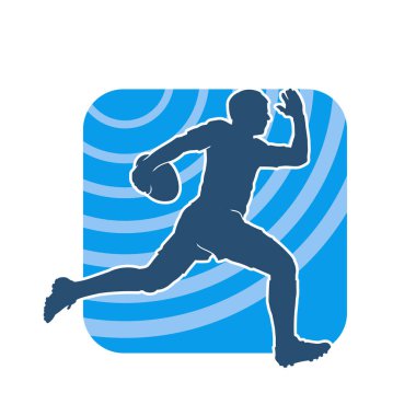 Rugby sporcusunun silueti iş başında. Rugby oynayan sporcu bir adamın silueti..