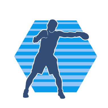 Erkek boks atletinin silueti iş başında. Boks sporu için eldiven giyen kaslı bir adamın silueti..