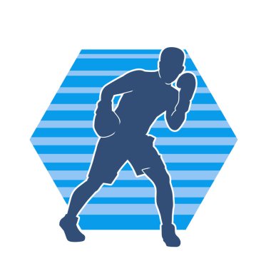 Erkek boks atletinin silueti iş başında. Boks sporu için eldiven giyen kaslı bir adamın silueti..