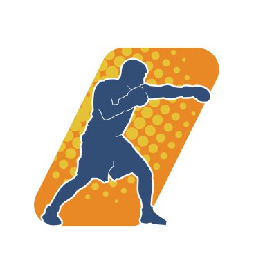 Erkek boks atletinin silueti iş başında. Boks sporu için eldiven giyen kaslı bir adamın silueti..