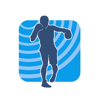 Erkek boks atletinin silueti iş başında. Boks sporu için eldiven giyen kaslı bir adamın silueti..