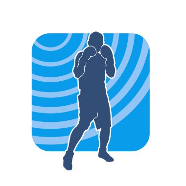 Erkek boks atletinin silueti iş başında. Boks sporu için eldiven giyen kaslı bir adamın silueti..
