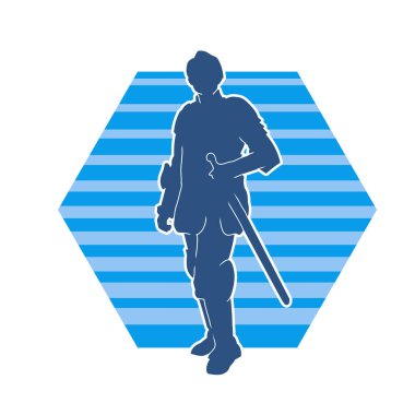 Savaş zırhı giymiş bir erkek savaşçının silueti. Kılıç ile poz veriyor..