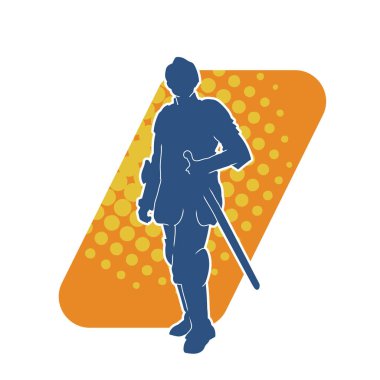 Savaş zırhı giymiş bir erkek savaşçının silueti. Kılıç ile poz veriyor..