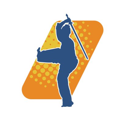 Kung fu 'nun silueti ya da Wushu dövüş sanatları sporcusu pozu. Dövüş sanatları ustasının silueti kılıçlarla poz vermiş..