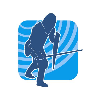 Savaş zırhı giymiş bir erkek savaşçının silueti. Kılıç ve demir kalkan kullanıyor.