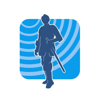 Silhouette of a male warrior wearing war armor suit in action pose using a sword weapon. clipart