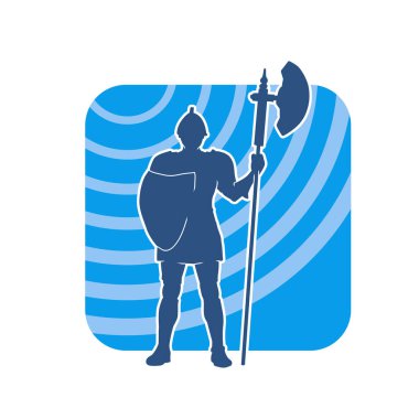 Silhouette of a male ancient warrior in war armor carrying battle axe weapon clipart