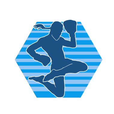 Hareketli erkek kickboksör atletinin silueti. Kickboks yapan bir adamın silueti..