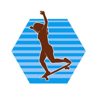 Hareket halindeki bir kadın silueti kaykay üzerinde poz veriyor. Kaykaylı şehirli bir kızın silueti..