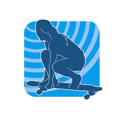 Hareket halindeki bir kadın silueti kaykay üzerinde poz veriyor. Kaykaylı şehirli bir kızın silueti..