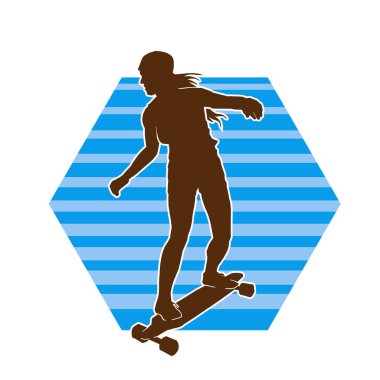 Hareket halindeki bir kadın silueti kaykay üzerinde poz veriyor. Kaykaylı şehirli bir kızın silueti..