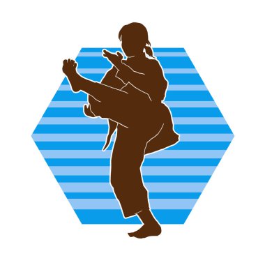 Dövüş sanatları tekmesi atan bir kadının silueti. Sportif bir kadının silueti tekme hareketi yapıyor..