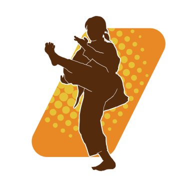 Dövüş sanatları tekmesi atan bir kadının silueti. Sportif bir kadının silueti tekme hareketi yapıyor..