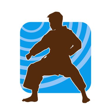 Doğu dövüş sanatı pozu veren bir adamın silueti. Dövüş sanatlarında bir erkeğin silueti..