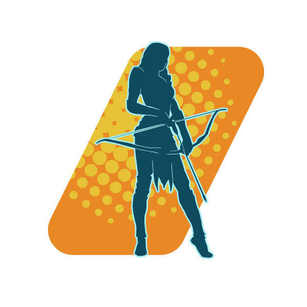 Silhouette of a female archer fighter in action pose with her arrow and bow.