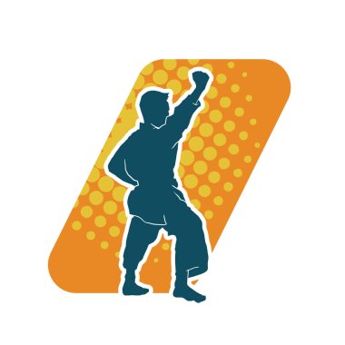 Doğu dövüş sanatı pozu veren bir adamın silueti. Dövüş sanatlarında bir erkeğin silueti..