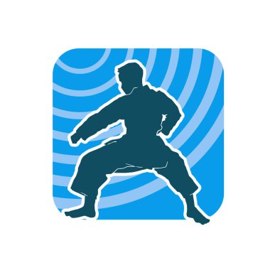 Doğu dövüş sanatı pozu veren bir adamın silueti. Dövüş sanatlarında bir erkeğin silueti..