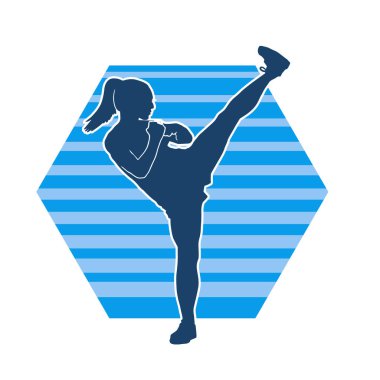 Dövüş sanatları tekmesi pozu veren bir kadının silueti. Dövüş sanatlarındaki bir kadının silueti tekme atma pozu veriyor..