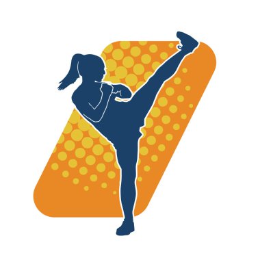 Dövüş sanatları tekmesi pozu veren bir kadının silueti. Dövüş sanatlarındaki bir kadının silueti tekme atma pozu veriyor..