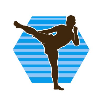 Hareketli erkek kickboksör atletinin silueti. Kickboks yapan bir adamın silueti..