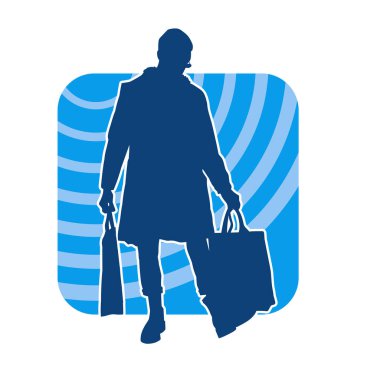 silhouette of a male wearing long sleeve cotton shirt showing his shopping bags. clipart