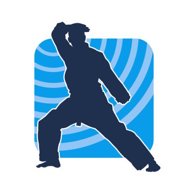 Doğu dövüş sanatı pozu veren bir adamın silueti. Dövüş sanatlarında bir erkeğin silueti..