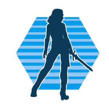 Bir kadın savaşçının silueti kılıcıyla hareket halindeyken poz veriyor. Bir kadın dövüşçünün silueti keskin bir bıçakla poz veriyor..