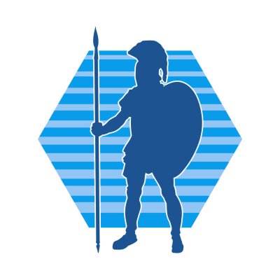 Mızrak ve demir kalkan taşıyan şövalye kostümlü bir erkek silueti. Zırhlı bir dövüşçünün silueti hareket halinde..